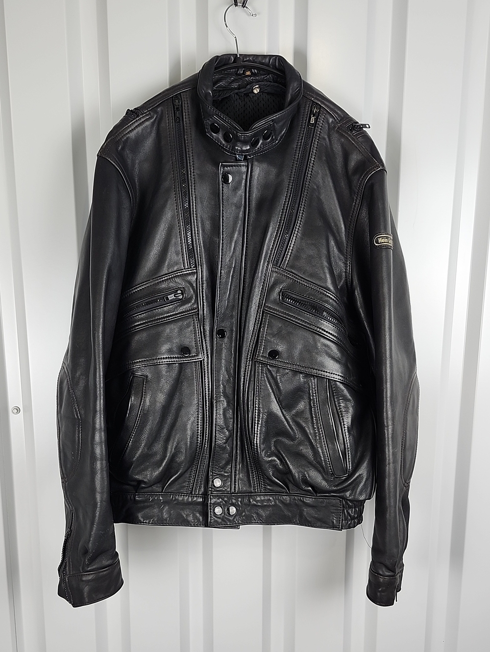 Hein Gericke Vintage Black Leather Motorcycle Jacket Sz 46 Heavyweight Vented
